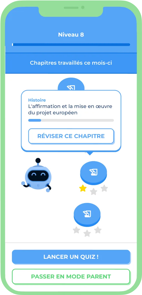 Écran de l'app Altus — Niveau 8, quiz scolaire